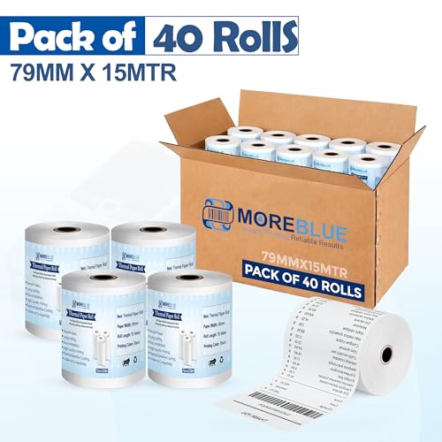 Image of MOREBLUE Pack of 40 Thermal Paper Rolls, 79mm x 15m POS White Paper Rolls, Smooth Print Billing Paper for Credit Card Machine, POS Printer, Petrol Pump Billing