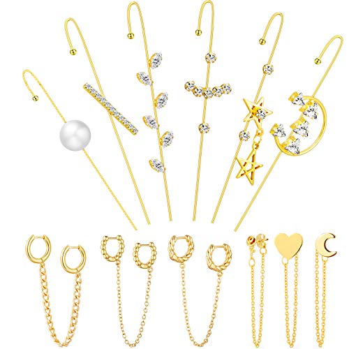 12 Pieces Ear Cuff Wrap Crawler Hook Earrings Tassel Chain Hoop Earrings Set Rhinestone Crawler Earrings Double Piercing Chain Dangle Cartilage Earrings Climber Ear Jewelry for Women