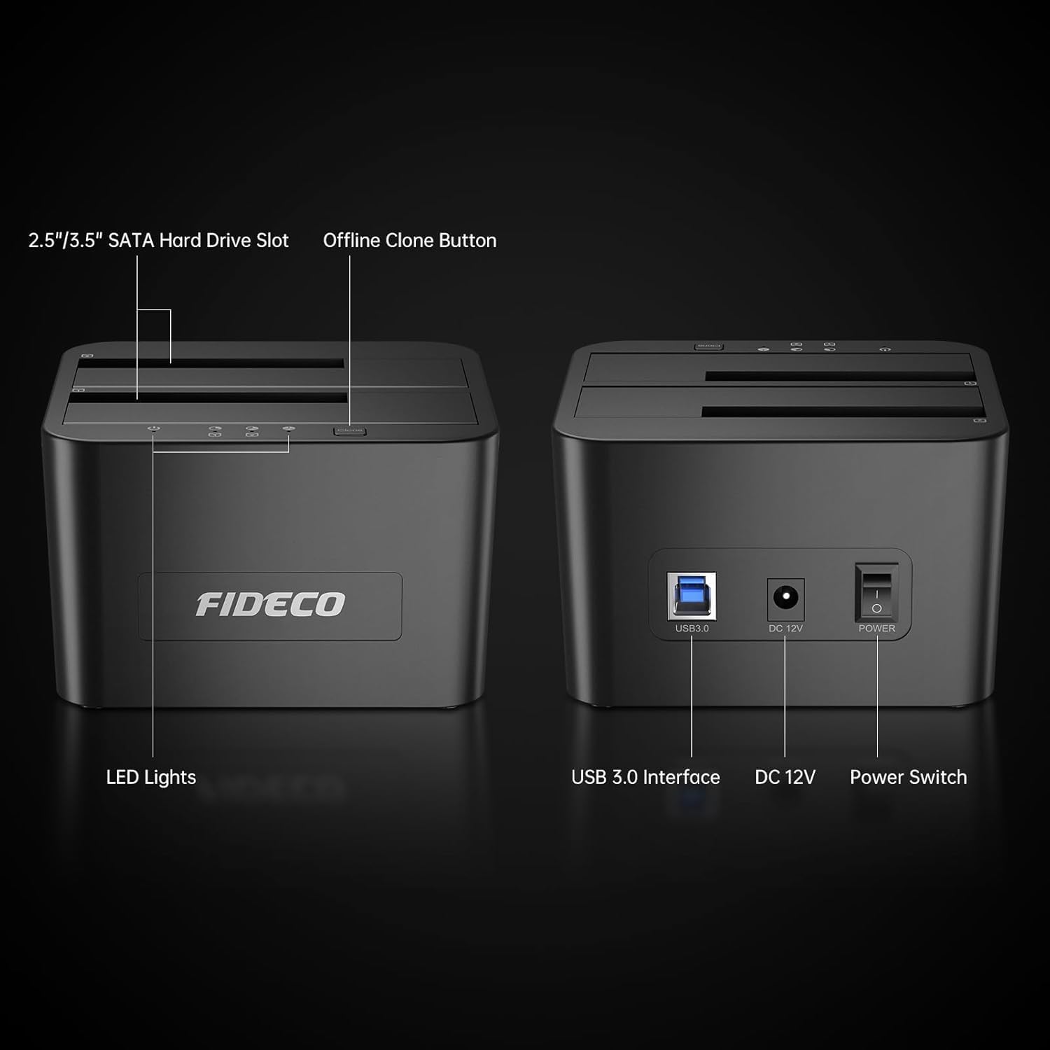 FIDECO External Hard Drive Docking Station, Hard Drive Dock for 2.5 and 3.5 inch SATA HDD SSD, HDD Docking Station with Dual Bay, USB 3.0 Hard Drive Reader, Support Offline Clone and UASP - Image 8
