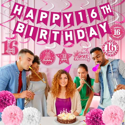 Image of Pink Sweet 16 Birthday Decorations Girls Sweet 16 Birthday Banner & Hanging Swirls Tissue Pompoms for Girls 16 Years Old Party Supplies