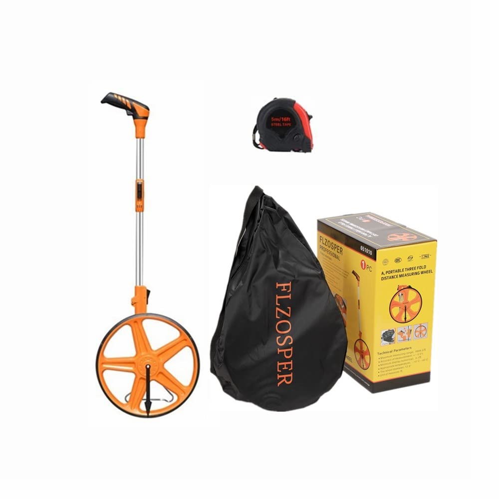 FLZOSPER Rueda de medición portátil de tres pliegues de 13 pulgadas, mide hasta 99,999.9 pies, herramienta de topografía perfecta para medición de distancia (naranja)