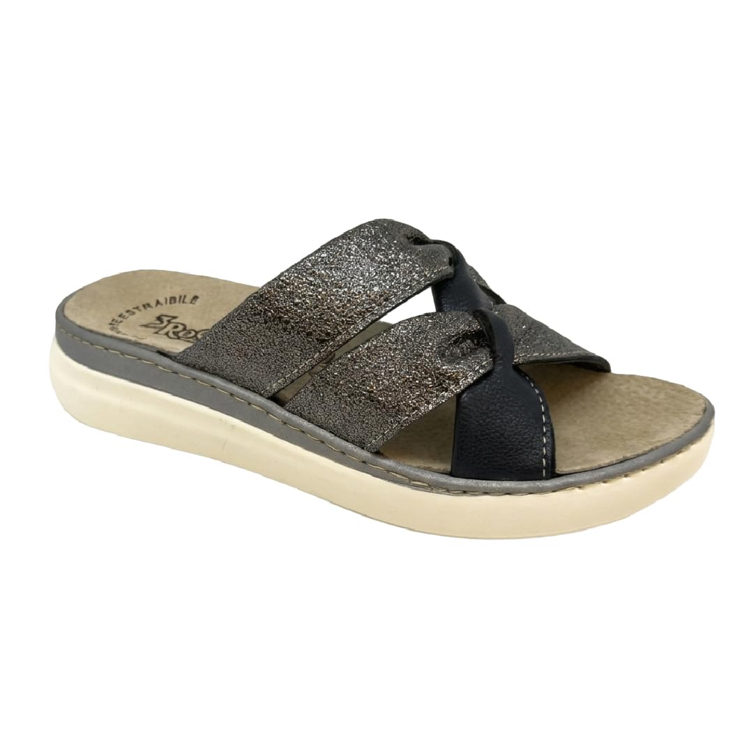 3Rose 400 Ciabatte Donna con Doppia Fascia Effetto Nodo Laminato - Pantofole Casa e Outdoor Estive - Eleganti da Giorno Comfort Anatomico con Zeppa 4,5 cm e Plantare Estraibile in Vera Pelle