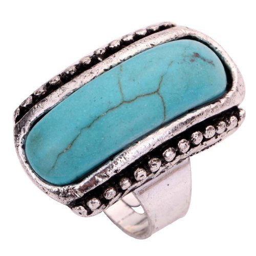 Bague ajustable turquoise tibétaine argent frappant simplicité allongée