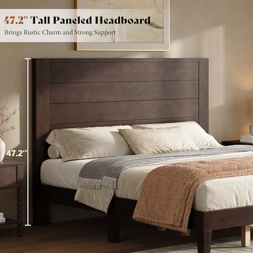 Image of AMERLIFE Queen Size Bed Frame with 48 inch Tall Headboard, Mid Century Modern Solid Wood Platform Bed with Silent Wood Slat System, No Box Spring Needed, Under-Bed Storage, Dark Walnut