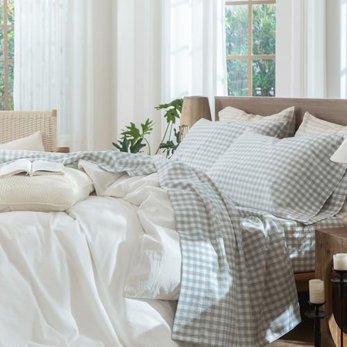 Image of MooMee Gingham Sheet Set 100% Washed Cotton Linen Like Textured Breathable Soft w /Fully Elasticized 16-19 inch Deep Pocket (Classic Gingham Northern Droplet Grey, Queen)