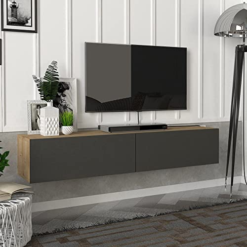[en.casa] Mobile TV da Parete con 2 Ante a Ribalta Mensola Porta TV 135 x 31 x 25 cm Armadietto Pensile da Soggiorno Camera da Letto - Effetto Rovere/Antracite