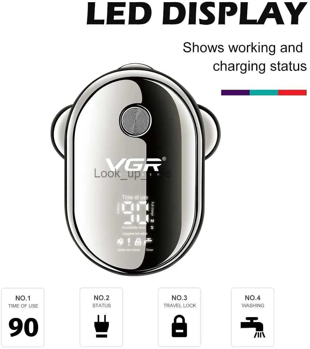 VGR V-395 Shaver connected to a USB charging cable, with charging time and work time indicated.