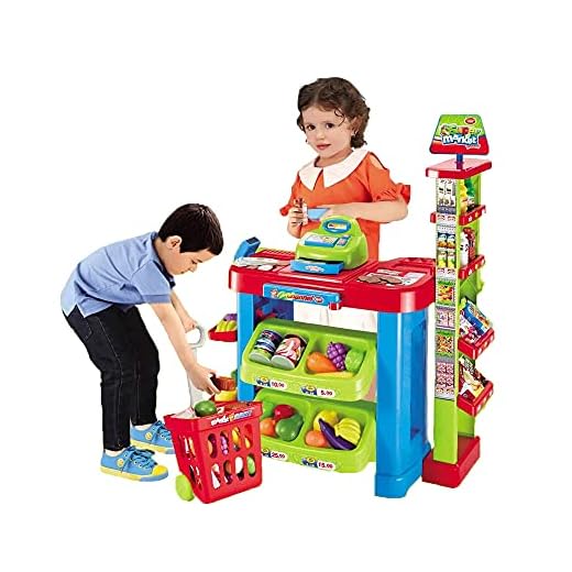 deAO SPM-2 Kids Supermarket Stall Toy Shopping Trolley and Over 30 Play Food Accessories Included