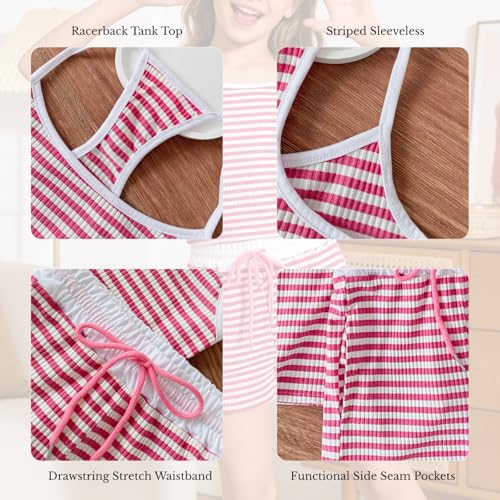 Image of Size 7-14Y Girls Clothes 2 Piece Outfits Striped Tank Top Drawstring Shorts Teen Girls Summer Clothing Sets