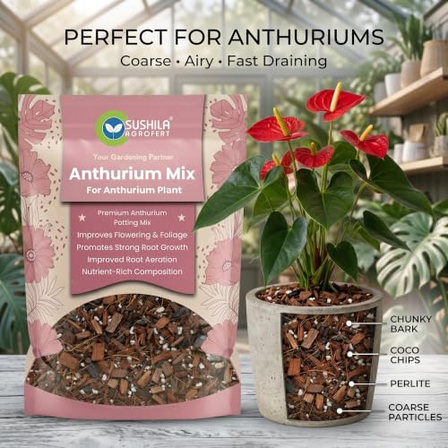 Image of Anthurium Potting Mix 1 KG | 4-in-1 Ready-to-Use Cocopeat & Perlite Soil Blend with Organic Manure Plant Food | Indoor Aroid & Climber Potting Mix for Drainage, Moisture-Retention