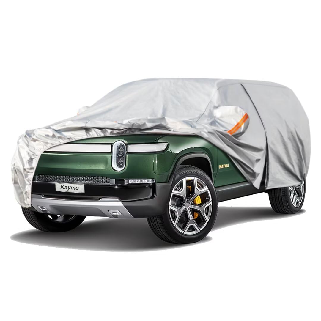 Kayme SUV Car Cover Fit for Rivian R1S (2022-2025) Automobiles All Weather Waterproof, Outdoor Cover Sun Rain Protection, with Lock and Zipper Door.Silver
