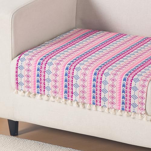 Image of HOKIPO Sofa Cover Mat with Tassel | 300 GSM Cotton Acrylic Jacquard for 1 Seater Sofa,'Trivana Series' Periwinkle Blue (IN-933-J5*S)