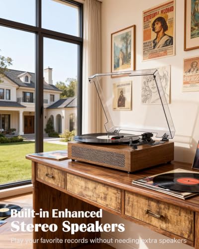 Image of Vinyl Record Player Extended Size with Bluetooth Playback, Built-in Speakers, USB Recording, LED Display, 3-Speed Turntable - Walnut