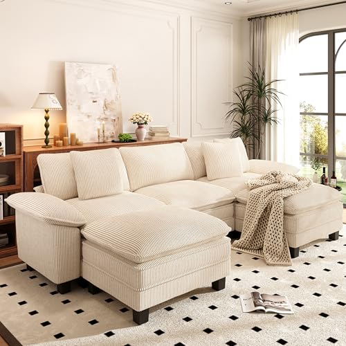 Image of PHI VILLA Cloud Modular Couch Sets, 123.6 inch Oversized Sectional Sofa with U-Shaped Chaise, 5-Seater Couches with 2 Movable Ottomans for Living Room, Corduroy Beige