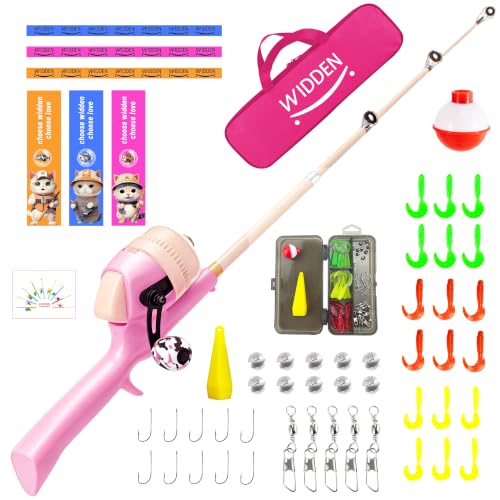 WIDDEN Kids Fishing Pole, Portable Telescopic Fishing Rod, Toddler Collapsible Fishing Rod and Reel Combo with Tackle Box for Boy, Girl, Youth, Over 3 Years Old (Marshmallow Pink & Peach Cream)