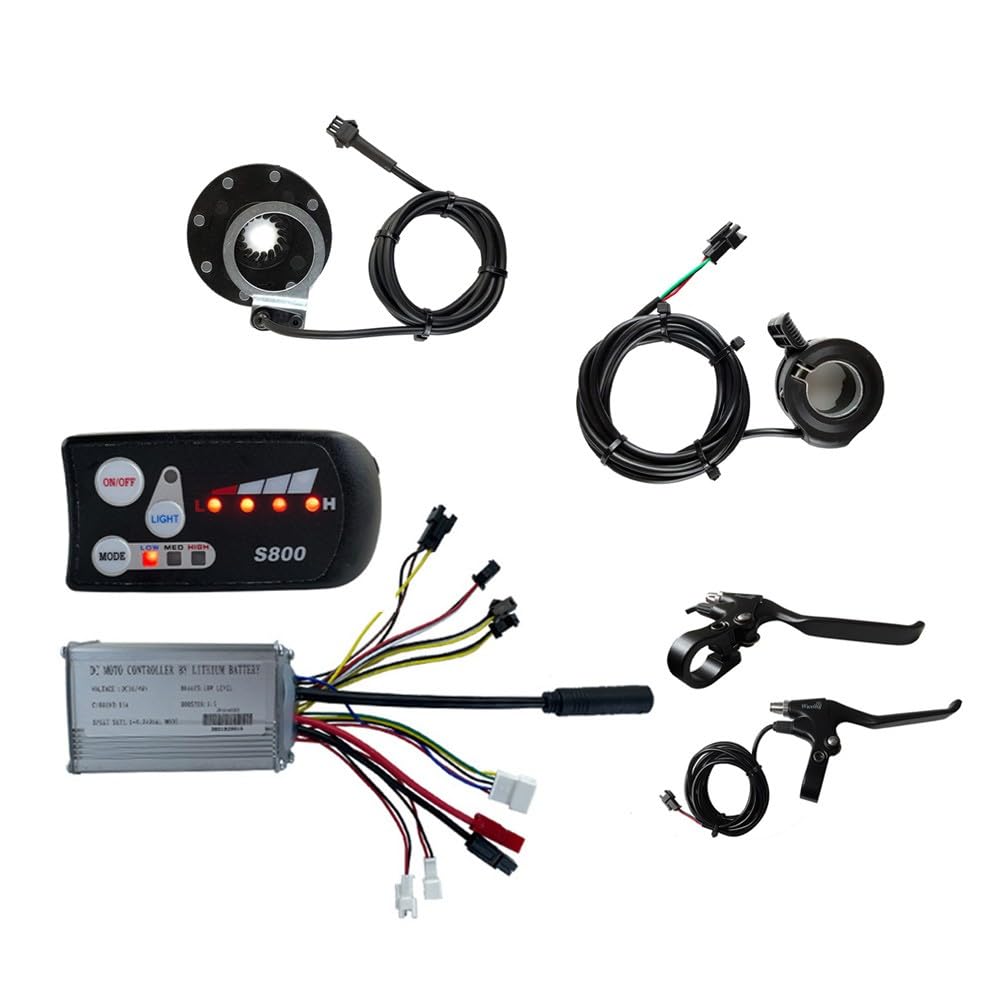 E-Bike Controller 36V/48V 250W 15A mit LED S800 Display, 8 PAS Sensor, Gasgriff und Bremshebel, Wasserdicht für E-Bike Umrüstung, Schwarz Silber