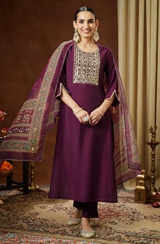 Image of Janasya Women's Chanderi Silk Yoke Embroidered Straight Kurta Set