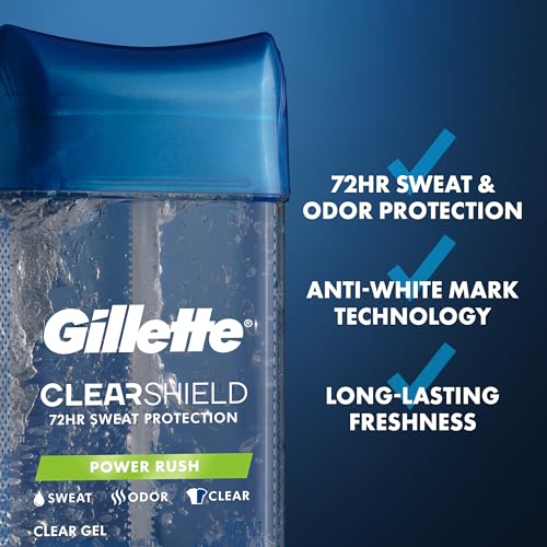 Image of Gillette Antiperspirant and Deodorant for Men, 72hr Instant Sweat & Odor Protection, Long Lasting Freshness & Protection, Anti-White Mark Technology, Clear Gel, Power Rush Scent, 3.8 oz