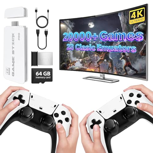 weiniuniuu Retro Games Console, 4K Retro Game Stick: 20,000+ Games, HDMI Output, 64GB, Wireless Retro Game Console with Dual 2.4G Controllers, Plug & Play Retro Games for TV