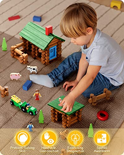 Image of SainSmart Jr. Wooden Log Cabin Set Farm Building House Toy for Toddlers, 122 PCS Classic STEM Construction Kit with Colorful Wood Logs Blocks for 3+ Years Old