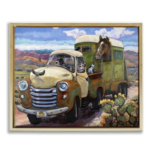 Stupell Industries Dogs Driving Vintage Rustic Truck with Horse Trolley, Design by CR Townsend, 24 x 30, Gold Floater Framed