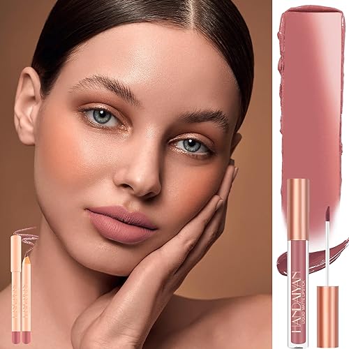 Nude Lip Liner and Lipstick Set, Lip Gloss Matte Long Lasting Pink Non-Sticky Waterproof Lip Stain Pencil Makeup - Image 3