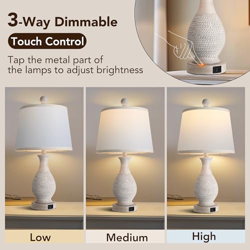 PARTPHONER Traditional Table Lamps Set of 2, Bedside Touch Lamp with USB C+A Charging Ports, Rustic Farmhouse Table Lamps for Living Room Bedroom, Side Table Lamp with White Fabric Shade, Antique Grey - Image 3