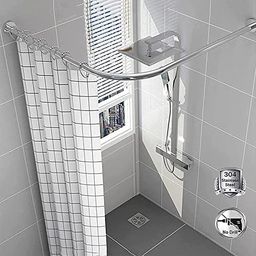 Easy Installation Shower Curtain Rod Adjustable Corner Ceiling Support Curved Rod,L Shaped Curved Shower Curtain Rod Curved Shower Rod Adjustable L Shaped Extendable Tension Pole Curved Stai