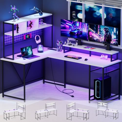 Opiniones de Escritorios Monterrey los 5 mejores. 49 Cuezal Escritorio en L,220CM Reversible con Estante Escritorio L,Escritorio Gamer con Regleta y Tira LED, Escritorio Doble para Computadora con Repisas,Mesa Gamer para Casa Oficina...