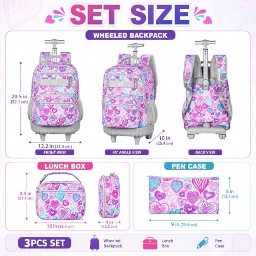 Image of 3Pcs Rolling Backpack for Girls Women, Travel Roller Backpacks with Wheels for Adults, Teens College Love Wheeled Bookbag with Lunch Box(Ash Powder)
