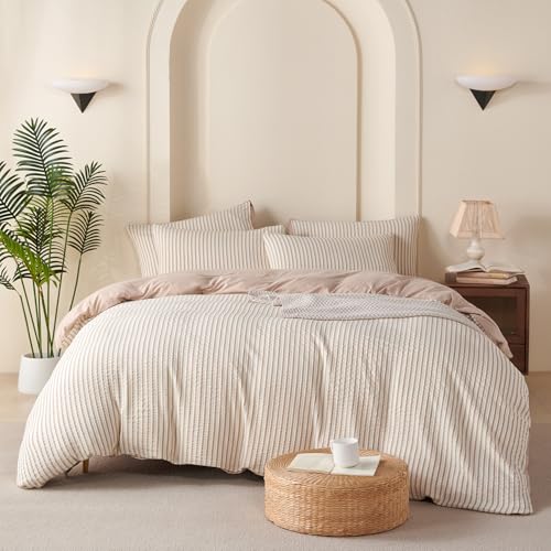 Image of Beige Striped Comforter Set Queen - 3 Pieces Bedding Comforter Set for All Season, Soft Lightweight Washed Microfiber, 1 Striped Comforter and 2 Pillowcases (Beige, Queen Size)