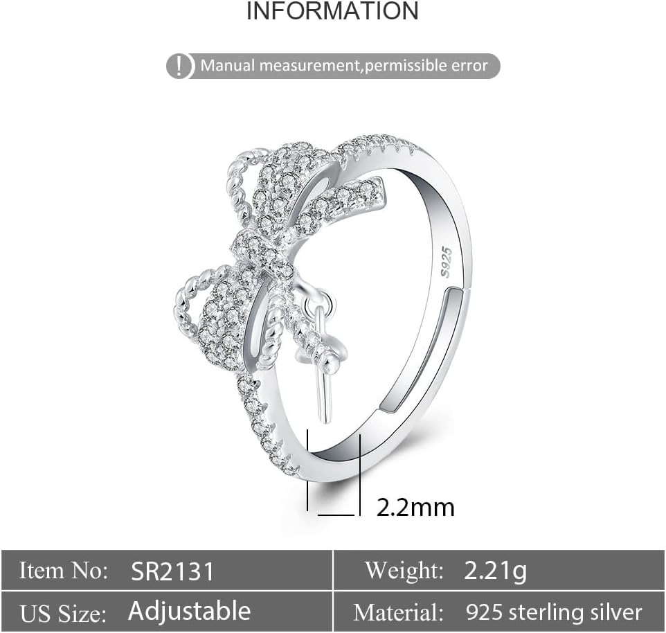 Sterling Silver Cubic Zircon Bowknot Adjustable Rings for Women, Design Ring Mounts Fittings with Pearl Seat for DIY Jewelry Making