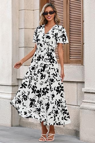 Image of MASCOMODA Women Boho Swiss Dot Maxi Dresses Wrap V Neck Flutter Short Sleeve Solid Tie Waist A Line Tiered Flowy Long Dresses