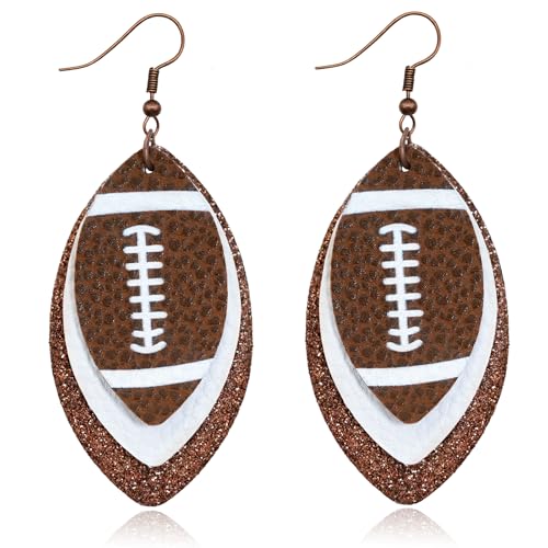 Ronglry Football Earrings for Women Colorful Layered Game Day Drop Dangle Earrings Glitter Leather Earrings for Women Dangling Sports Lover Gifts Teardrop Earrings Fun Game Day Football Jewelry for Women