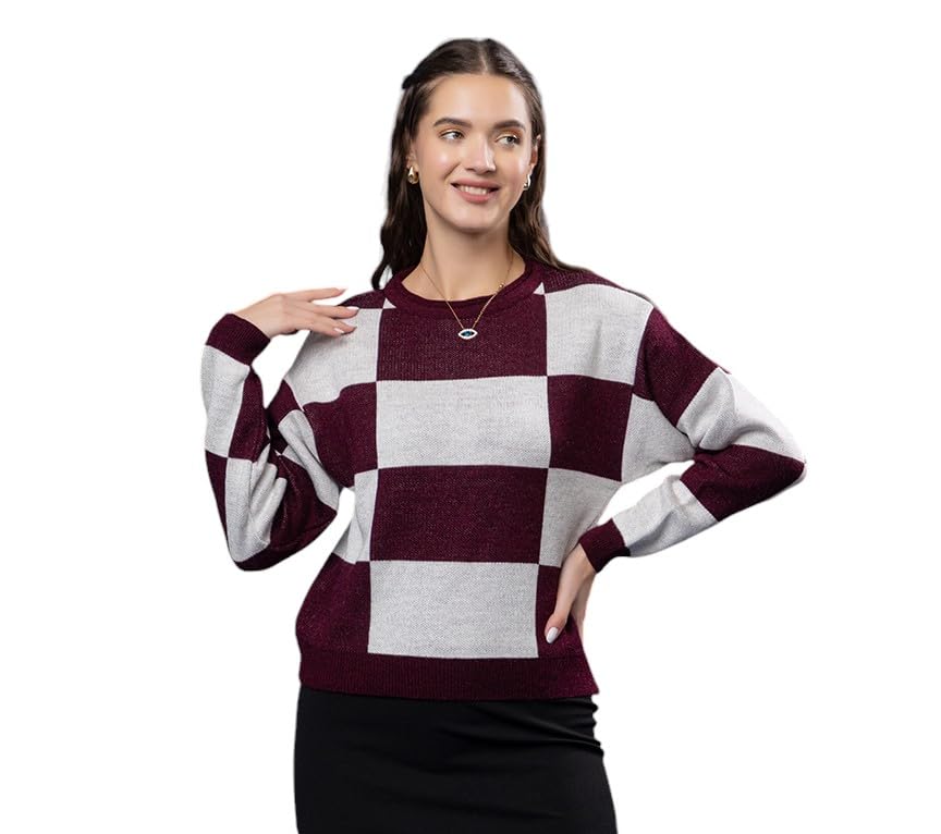 Image of Wear lusso Women's Round Neck Colour Block Sweater | 100% Wool Pullover | Full Sleeve Soft & Stylish Winter Wear for Women & Girls
