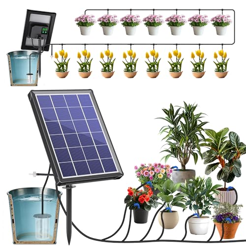NFESOLAR 4W Solar Automatic Drip Irrigation Kit with LCD Timer, Customizable Watering Duration 1–30min & Interval 3h–7d, Anti-Siphoning Device for Potted Plants, Balcony, Garden, Patio, Vacation