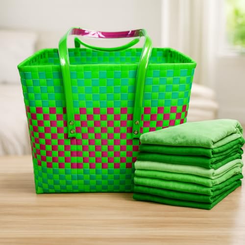 Image of Hand Made Multipurpose Plastic Basket with Lid | Eco-Friendly, Washable, Rust-Free Storage Basket for Kitchen, Picnic, Toys, Travel, Office | Lightweight basket (Green with Pink, XL)
