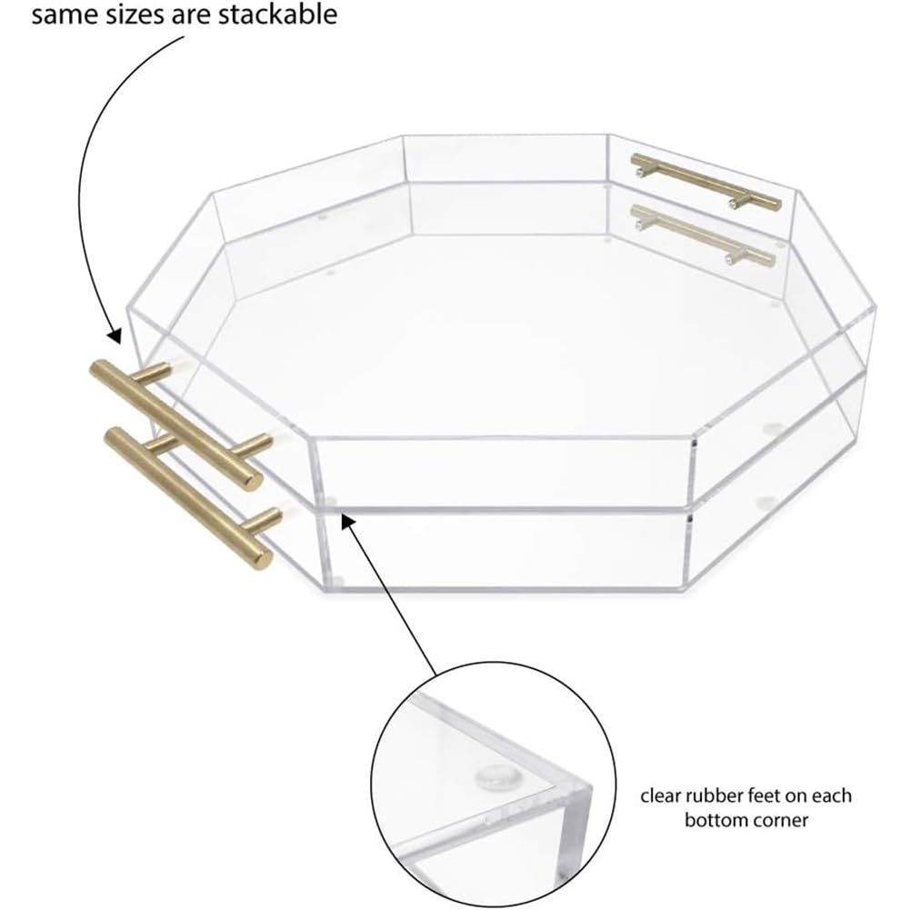 Bandeja de servir acrílica resistente, forma octágono con asas de metal pulido, a prueba de derrames, fácil de limpiar para cocina, baño, uso doméstico