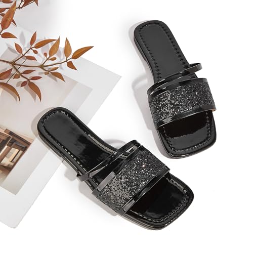 Image of Women's Open Toe Flat Sandals Rhinestone Glitter On Casual Fashion Slippers Quick Drying Indoor & Outdoor Slides
