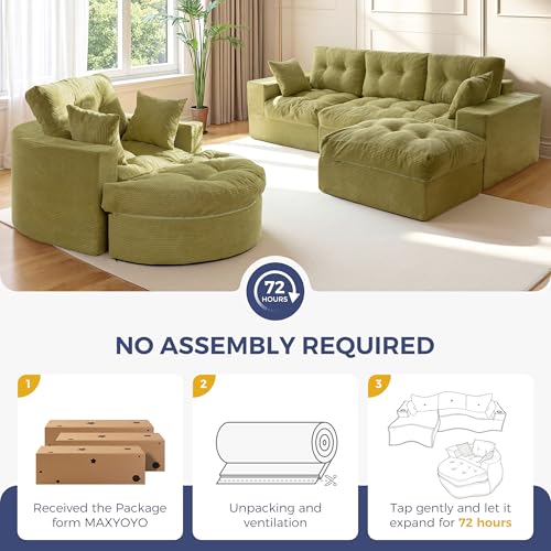 Image of MAXYOYO L Shape Sectional Sofa Couch and Round Chaise Lounge, Modern Cloud Couch with Ottoman, Comfy Tufted Upholstered Sofa with Layered Cushion for Living Room, No Assembly Required, Green