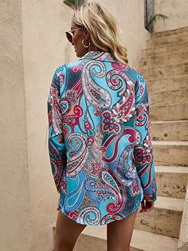 Oyoangle Women's Casual Boho Paisley Print Blouse Long Sleeve Button Down Shirt Top Multicoloured M #TOP1