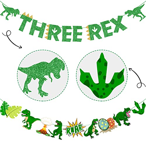 Three Rex Birthday Party Decorations-Green Glittery Three Rex Banner And Dinosaur Theme Garland 3Rd Birthday Party Supplies For Boys Girls #TOP5
