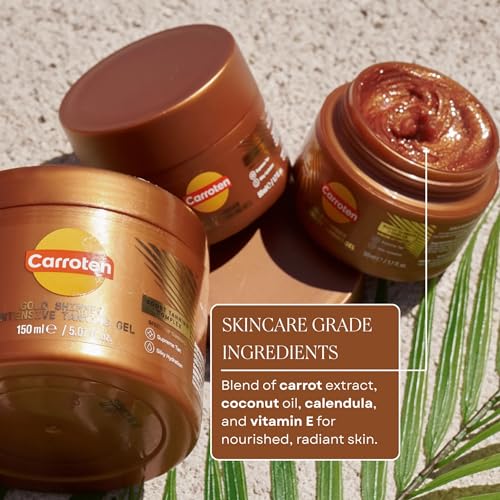 Image of Carroten Shimmer Tanning Gel | Travel Size Tan Accelerator & Body Bronzer | Non-Greasy Water-Resistant with Carrot & Coconut Oil | Vitamin A&E for Moisture & Hydration | TSA Approved | 1.7oz + Spatula