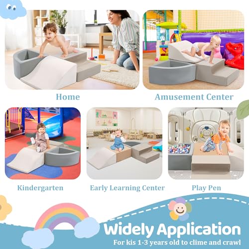 Image of HOMBYS 4-Pieces Climbing Toys for Toddlers 1-3, Foam Climbing Blocks for Kids Crawling and Sliding, Soft Velvet Indoor Playground for Baby Playing Acticity