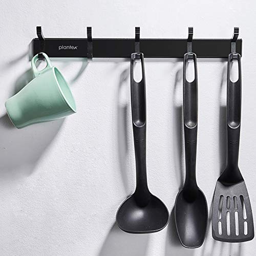 Image of Plantex Aluminum Hook Rail with Movable Hooks for Walls of Kitchen /Bathroom /Hook Rail Bar for Clothes /Towel /Keys (5 Hooks) Black