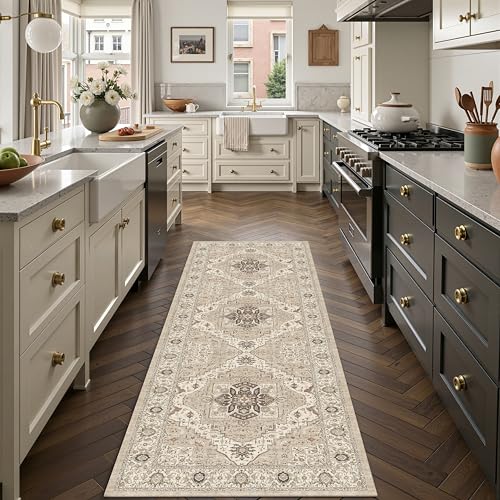 Winslssol 2x6 Washable Entryway Runner Rug: Vintage Low Pile Rugs for Bedroom Non Shedding Easy to Clean Kitchen Hallway Carpet Soft Non-Slip Backing Indoor Mat for Porch Laundry Room 2x6 Beige