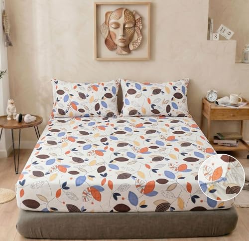 Image of VAS COLLECTIONS Cloud Cotton Corner Elastic Fitted Double Bedsheet Set (78 x 72 + 8 Inches) with 2 Pillow Covers | 160-180 TC Soft Breathable Cotton Fitted Sheet | Bed Sheet (Petal Print)