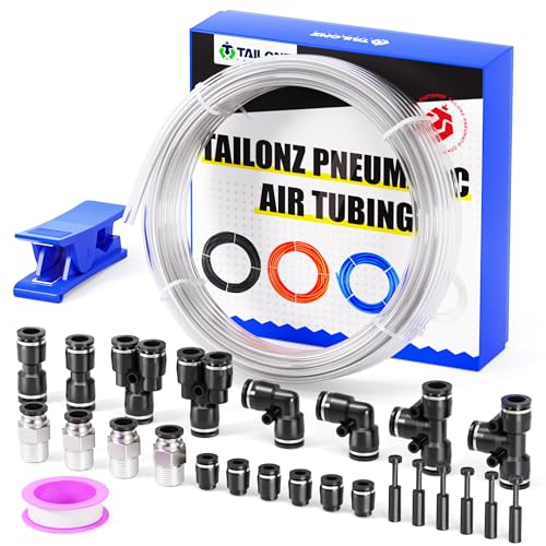 Image of TAILONZ PNEUMATIC Clear 1 /4 Inch OD 10 Meter 32.8ft PU Polyurethane Air Tubing Kit Pipe Hose Air Line Tubing Air Hose Fittings Push to Connect Fittings(27PCS)