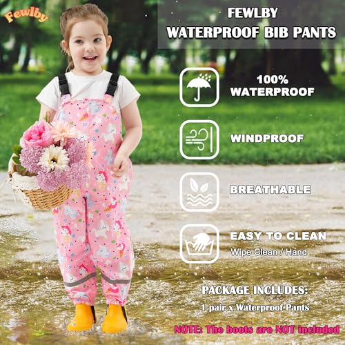 Fewlby Kids Waterproof Rain Bib Pants, Toddlers Suspender Mud Dirty Proof Rain Wear2