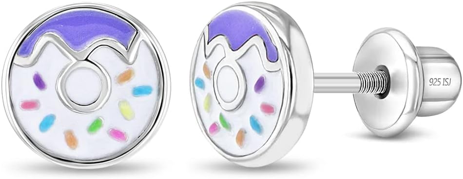 In Season Jewelry Donut with Sprinkles Kids Earrings - 925 Sterling Silver Hypoallergenic Earrings for Girls with Screw Backs - Safe & Comfortable for Toddlers, Kids & Little Girls